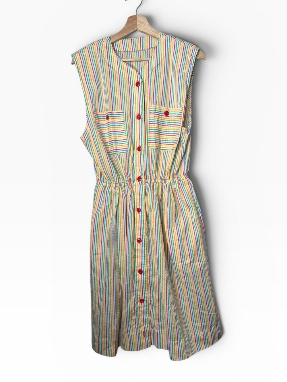 Vintage 1980s Handmade Rainbow Stripe Button Front Dress - Picture 7 of 10